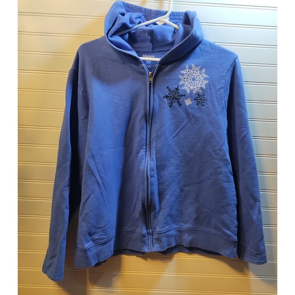 Kids Hanes Periwinkle Full Zip Up Hoodie Sweatshirt with Snowflake Design XL